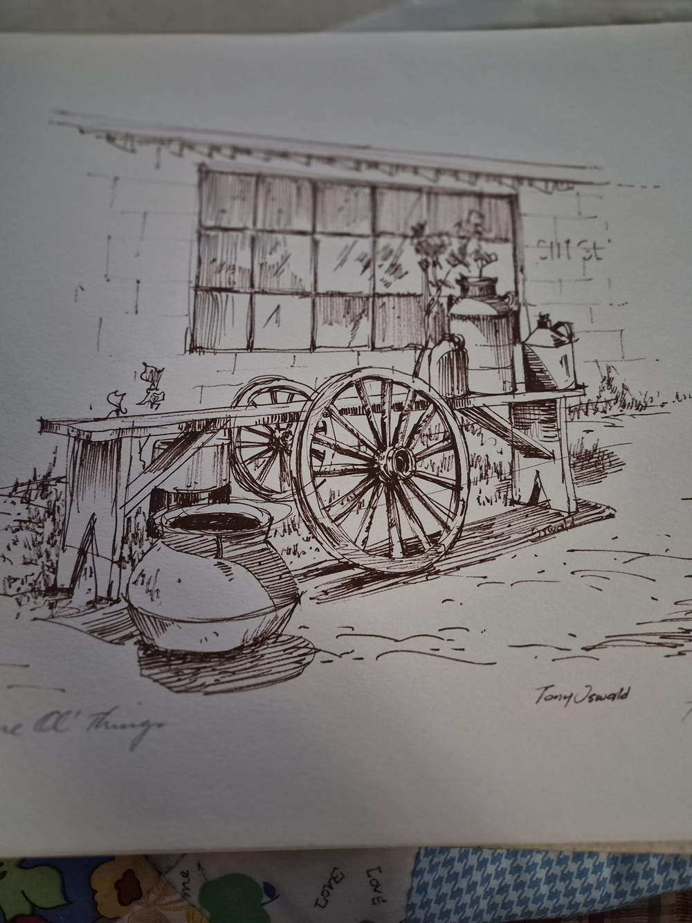 Tony Oswall Rustic Wheelbarrow Sketch Wall Art Print in Brown by